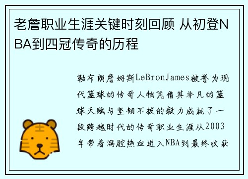 老詹职业生涯关键时刻回顾 从初登NBA到四冠传奇的历程